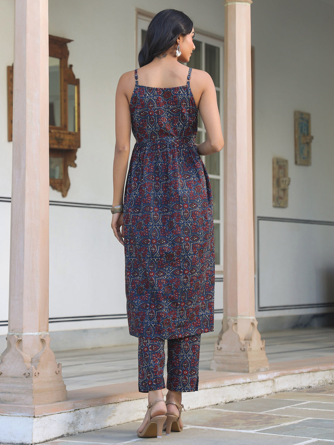 Navy Blue Pure Cotton Ethnic Motifs Printed A-line Kurta Pant Set