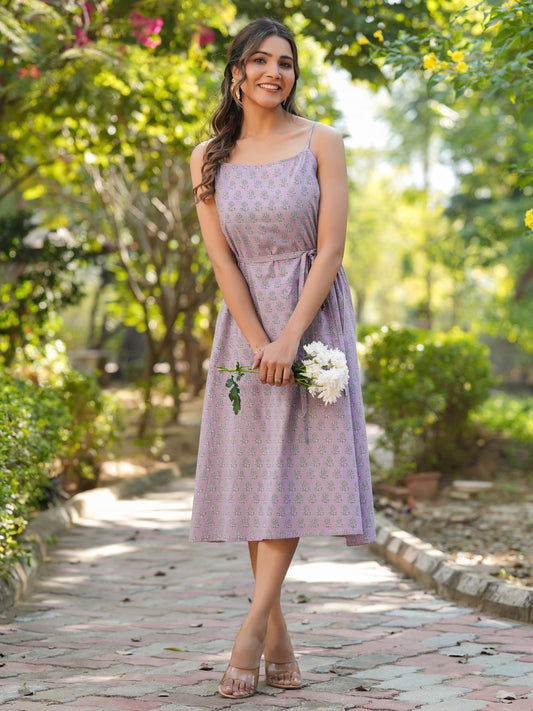 Lavender Pure Cotton Floral Printed A-line Dress