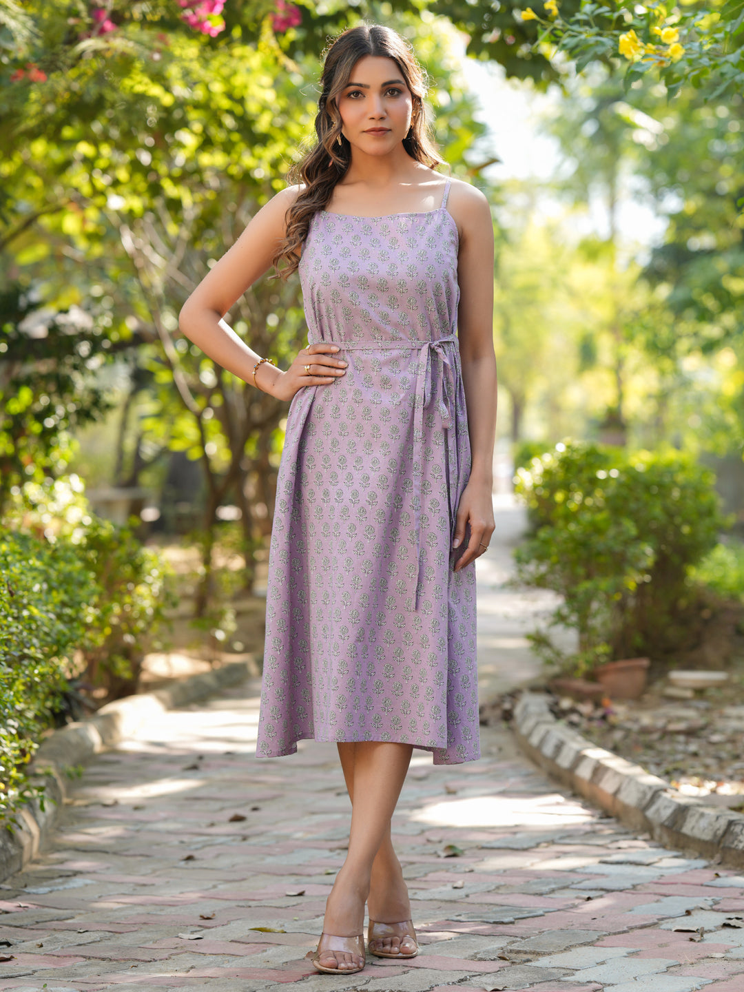 Lavender Pure Cotton Floral Printed A-line Dress