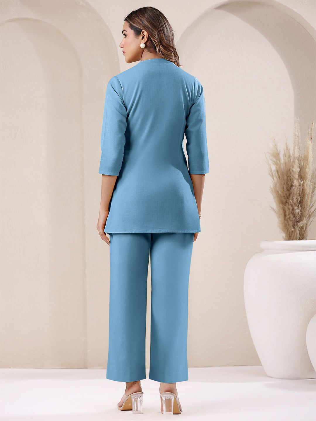 Light Blue Cotton Blend Solid Straight Pant