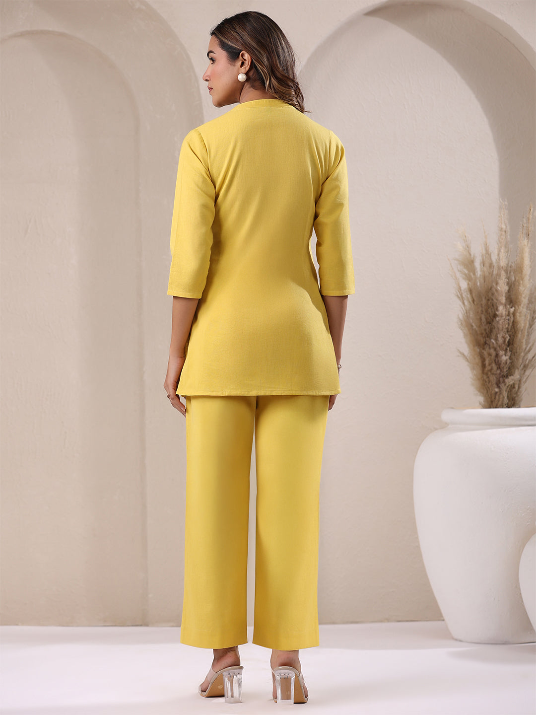 Yellow Cotton Solid Straight Pant