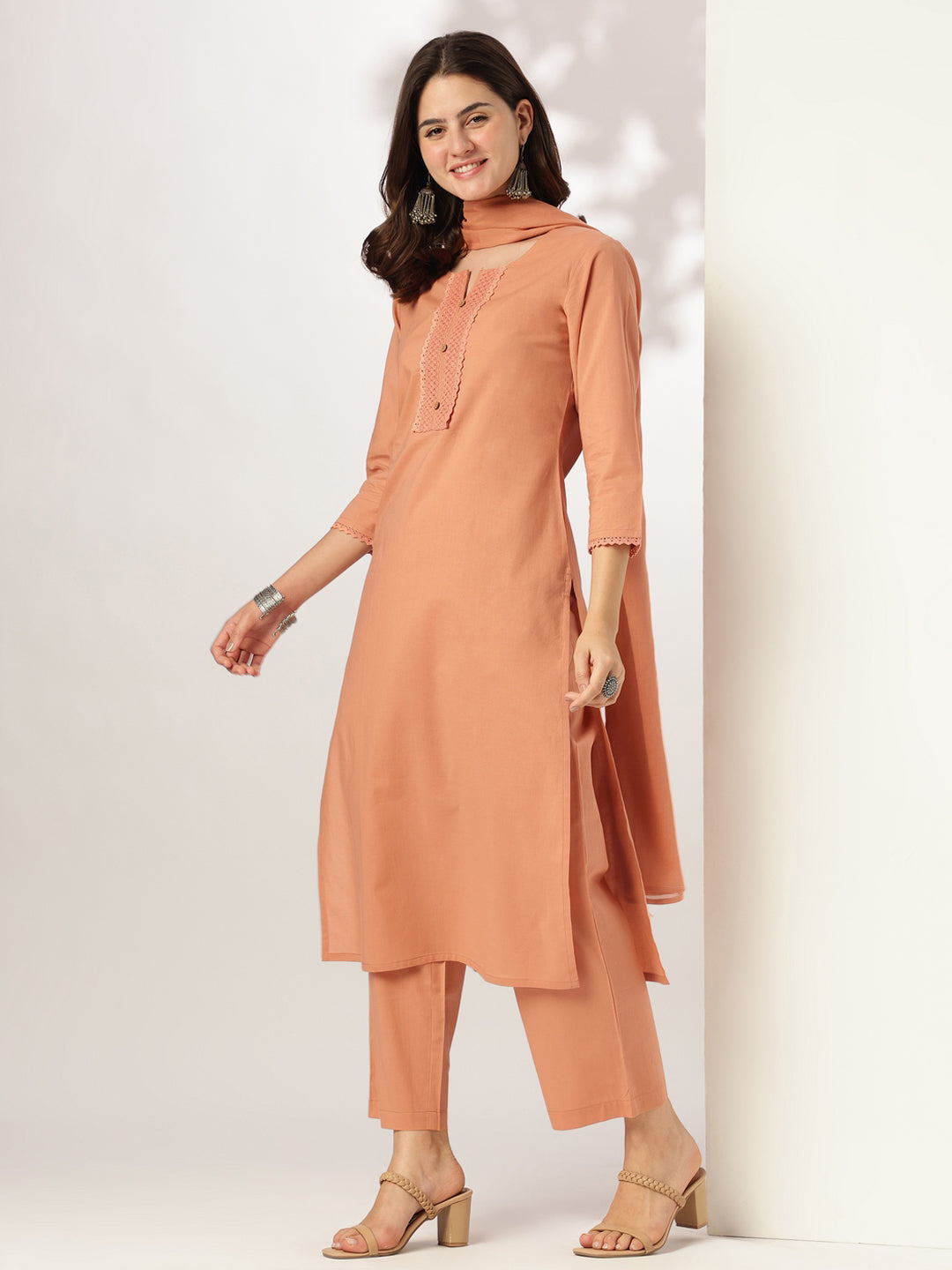 Rust Pure Cotton Solid Straight Kurta Set