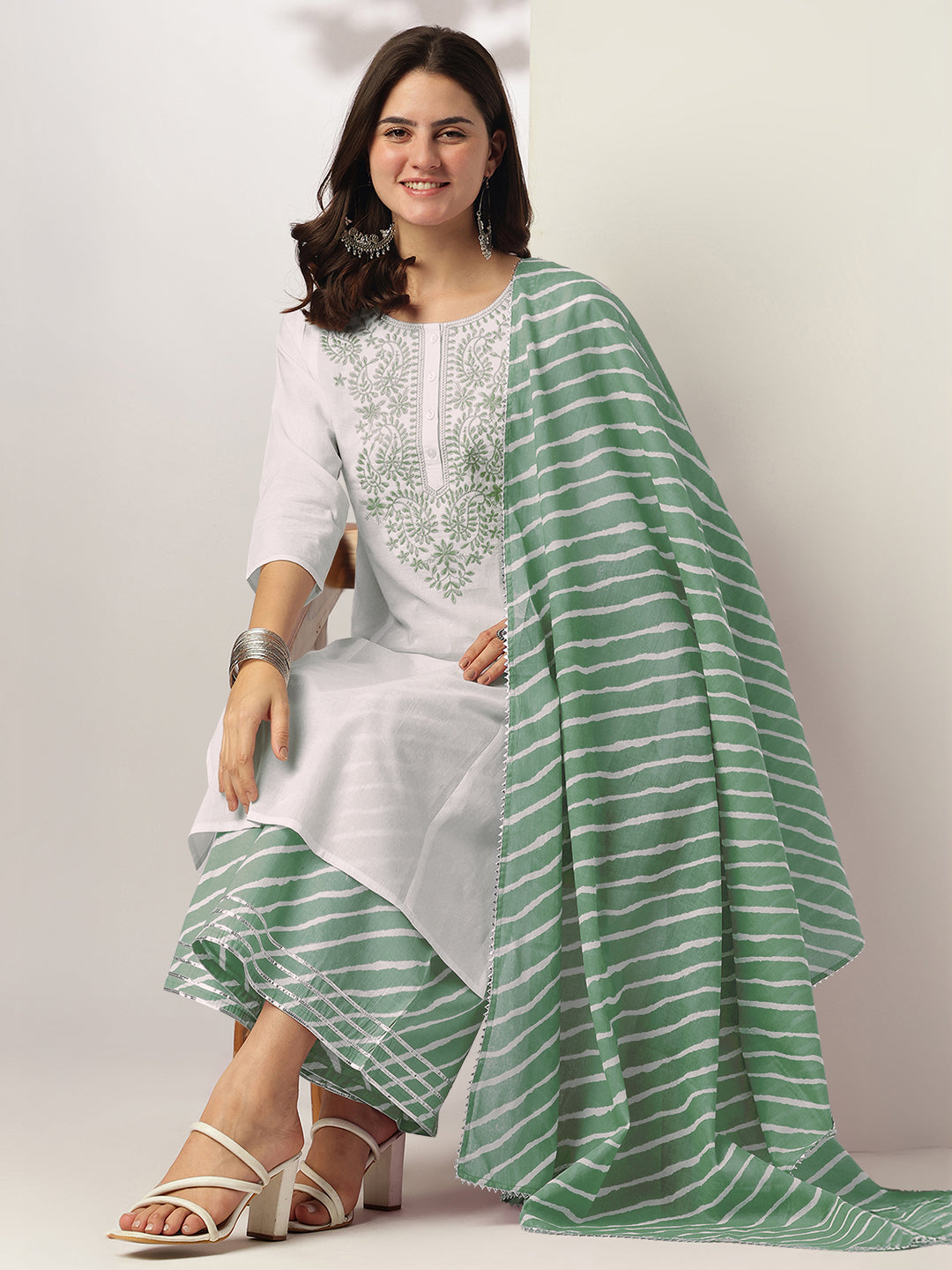 White & Sage Green Pure Cotton Yoke Embroidered Straight Kurta With Palazzo & Dupatta Set