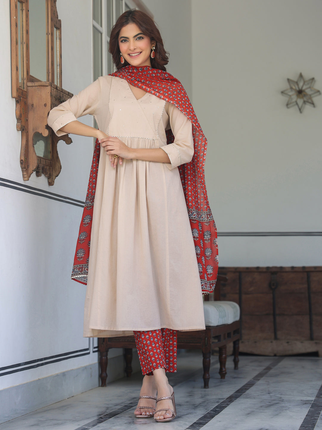 Beige Pure Cotton Floral Printed A-line Kurta Set