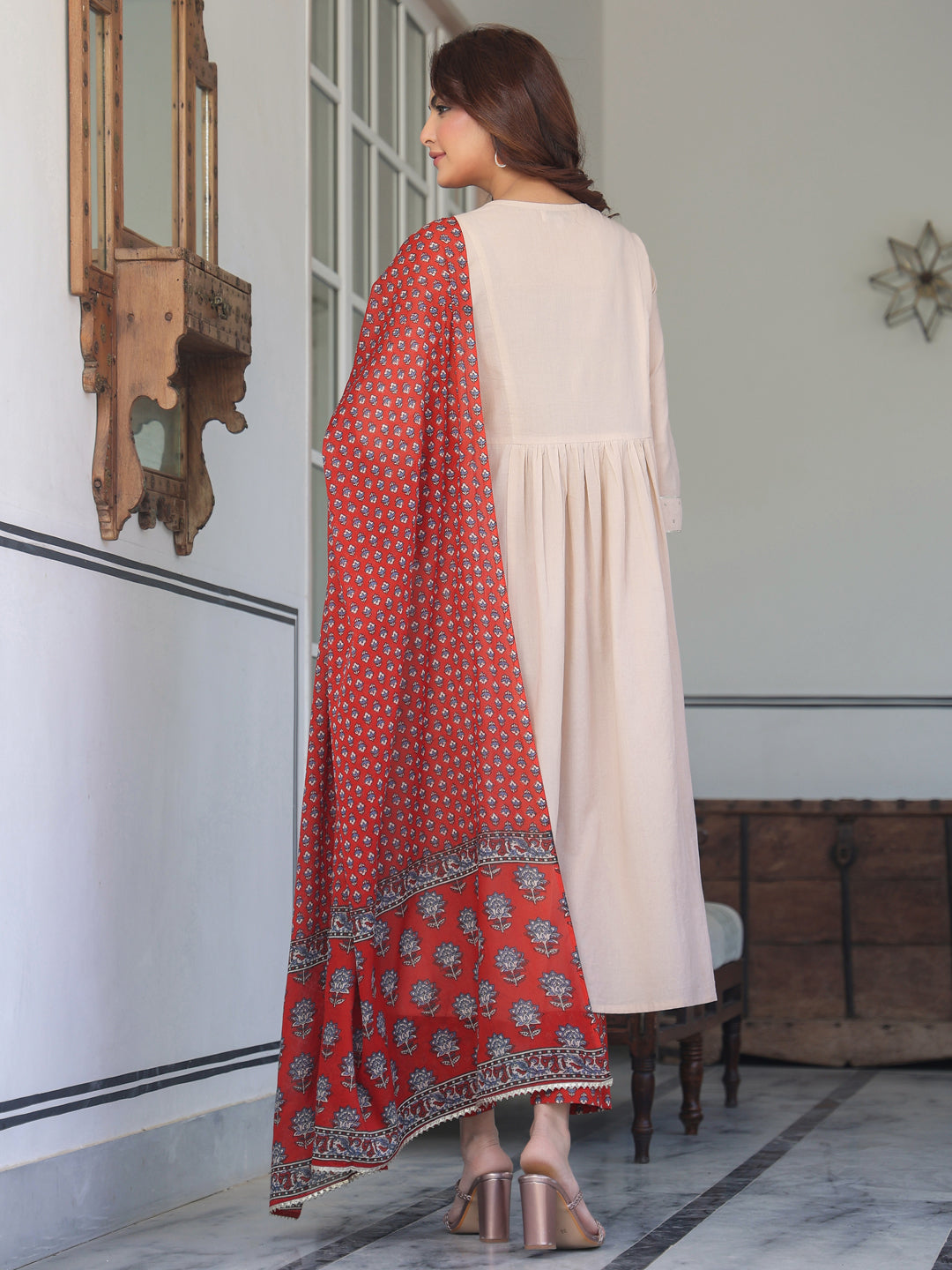 Beige Pure Cotton Floral Printed A-line Kurta Set