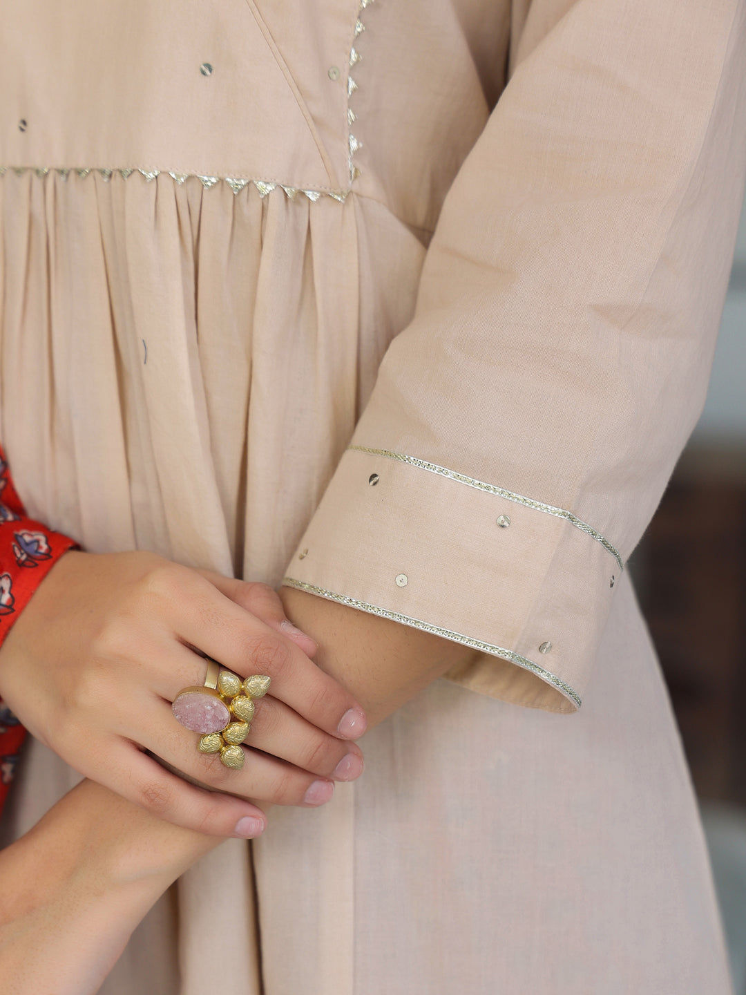 Beige Pure Cotton Floral Printed A-line Kurta Set