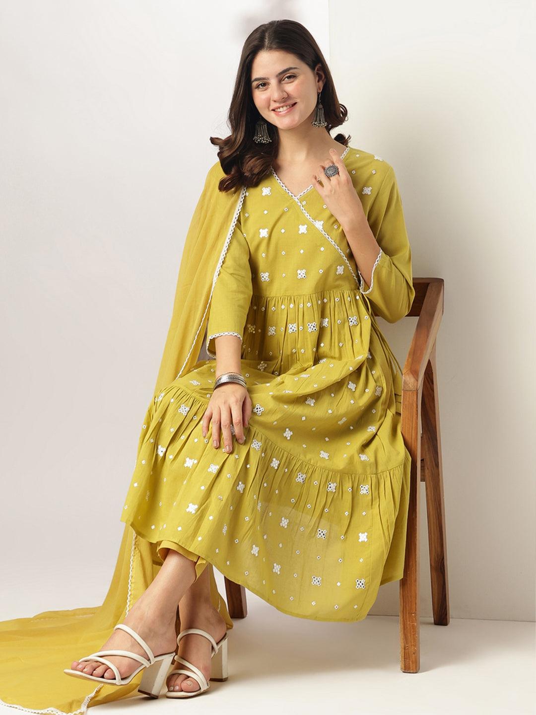 Yellow Pure Cotton Embroidered Angrakha Kurta Set