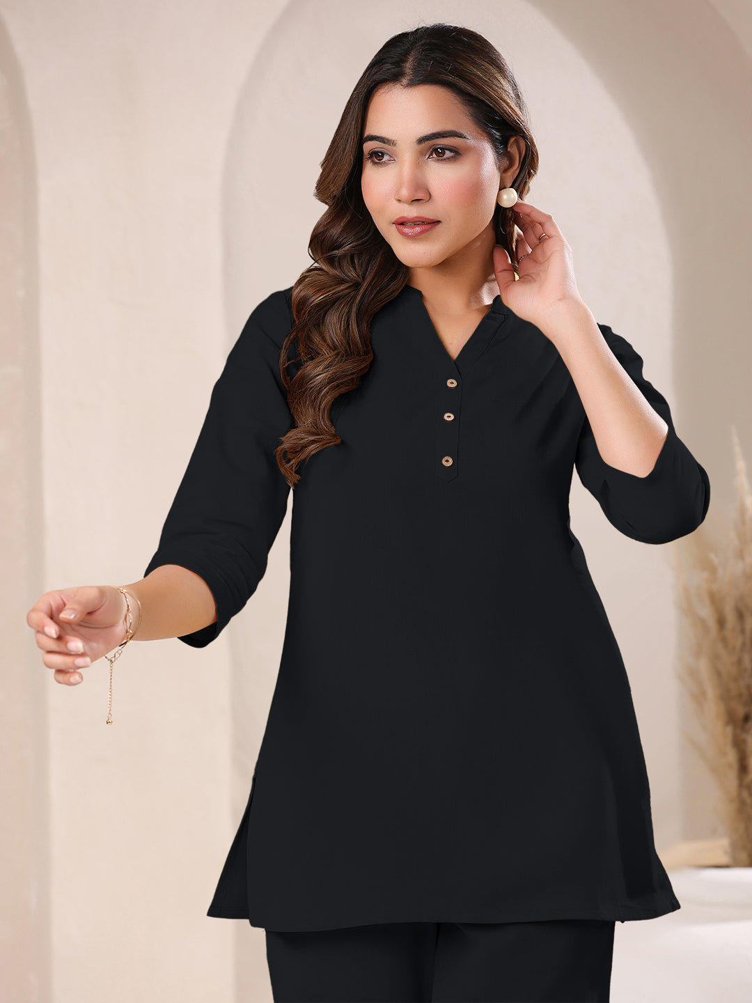 Black Cotton Blend Solid A-line Top