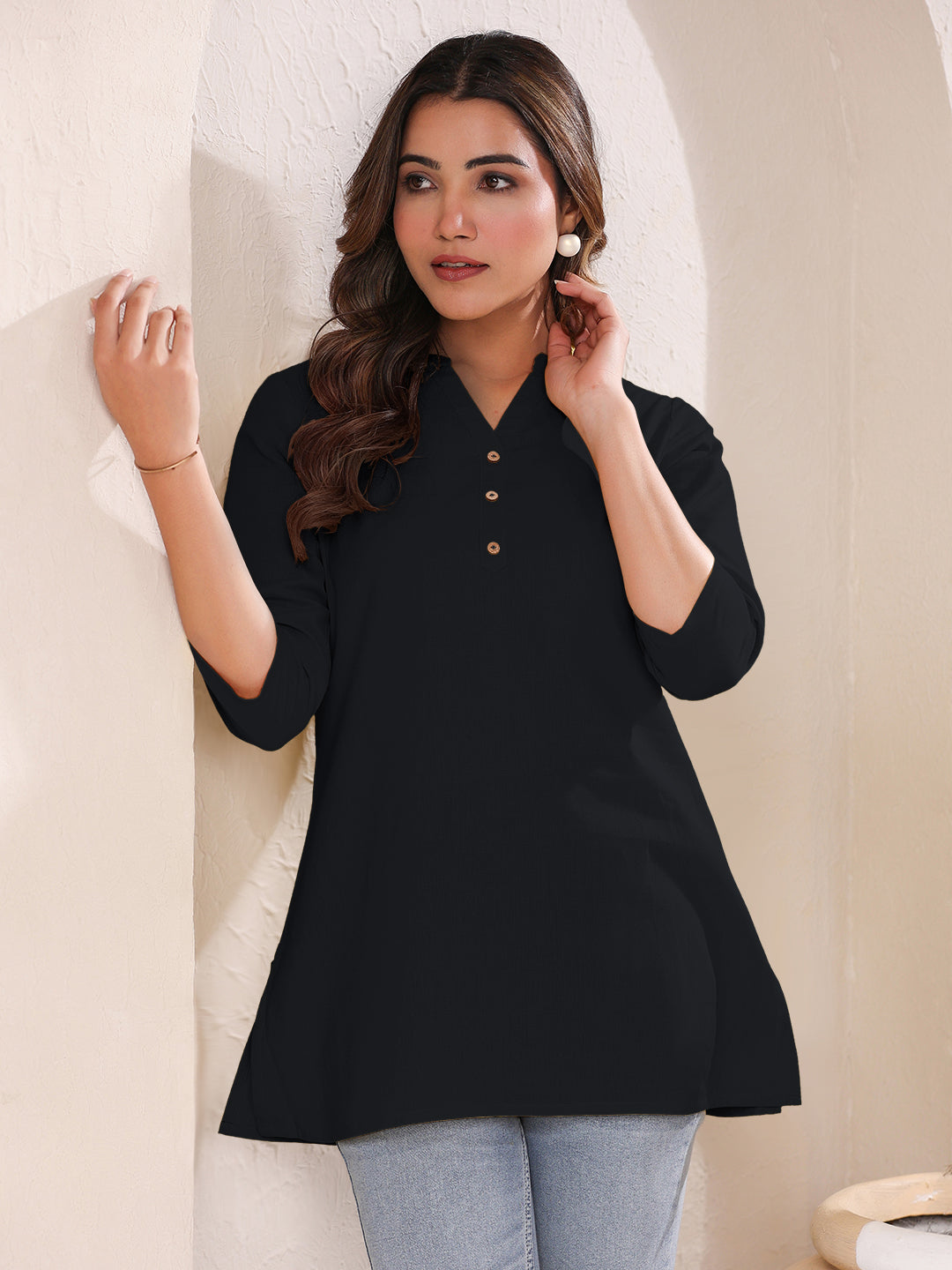 Black Cotton Blend Solid A-line Top