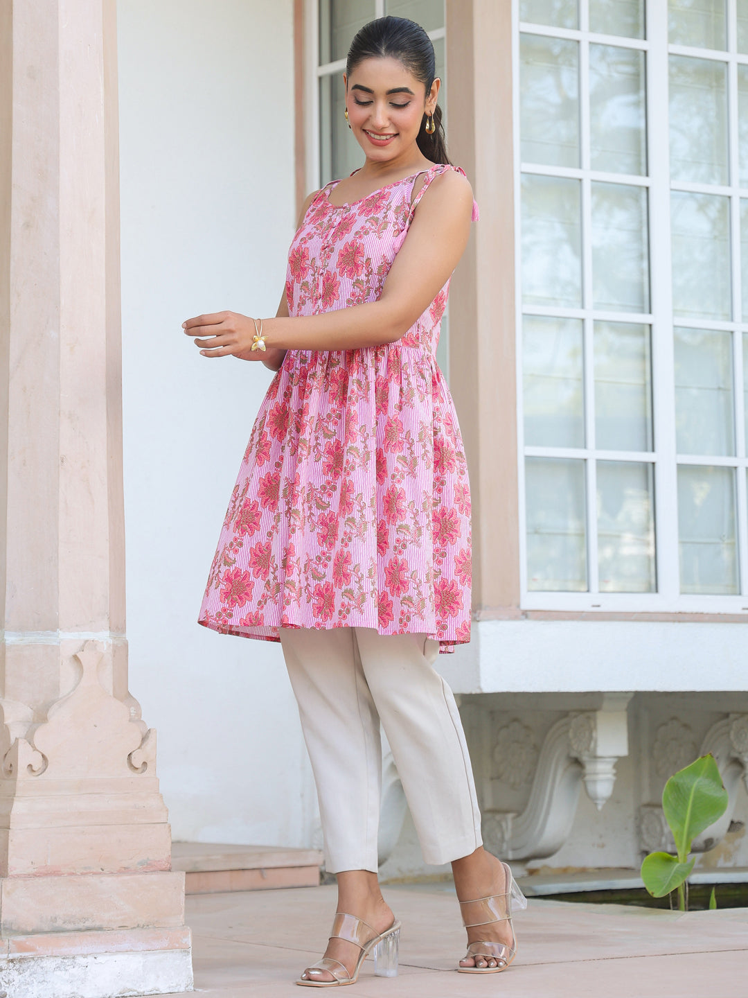 Pink Pure Cotton Floral Printed A-line Tunic