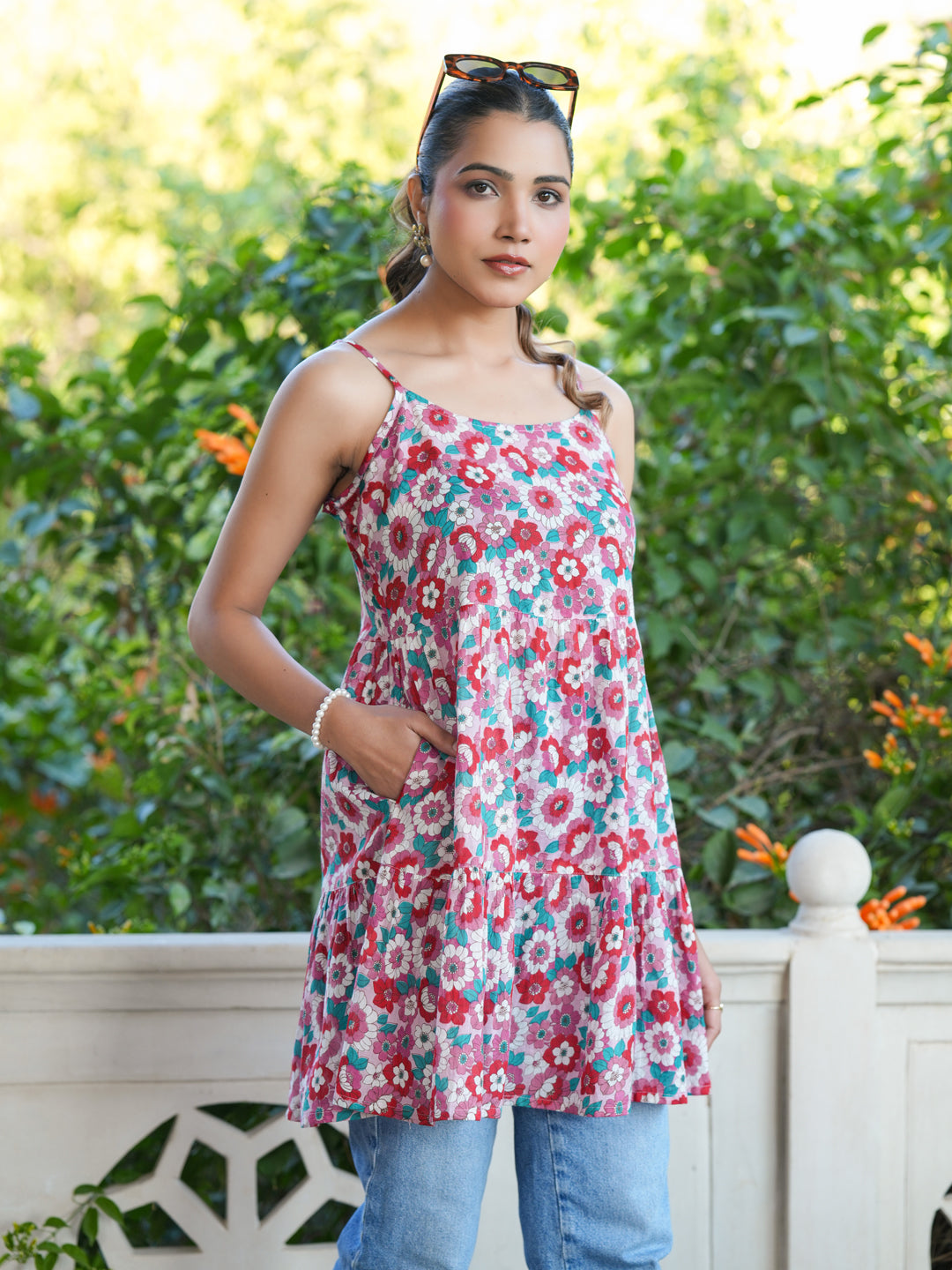 Pink Pure Cotton Floral Printed Tiered Tunic