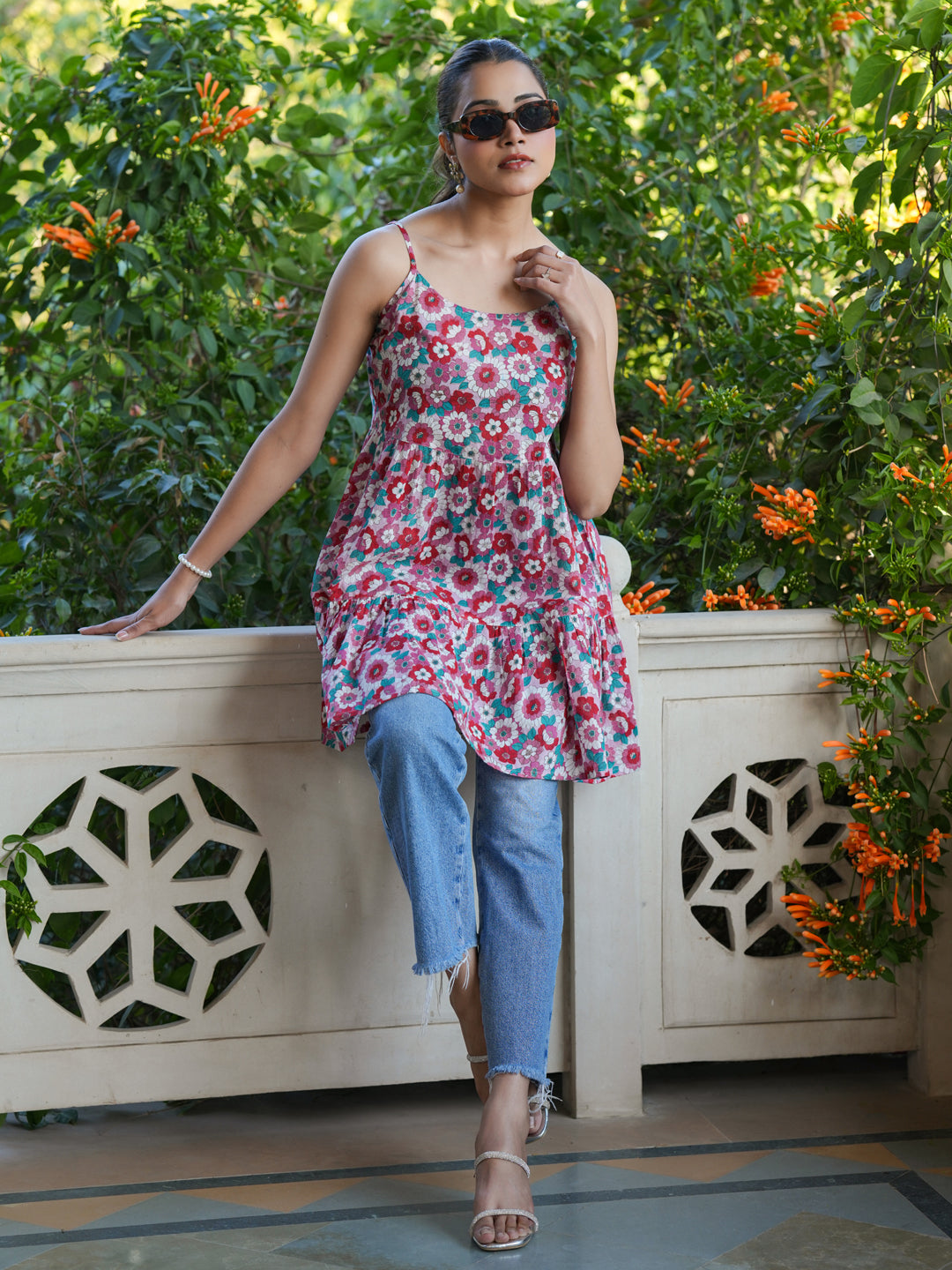 Pink Pure Cotton Floral Printed Tiered Tunic