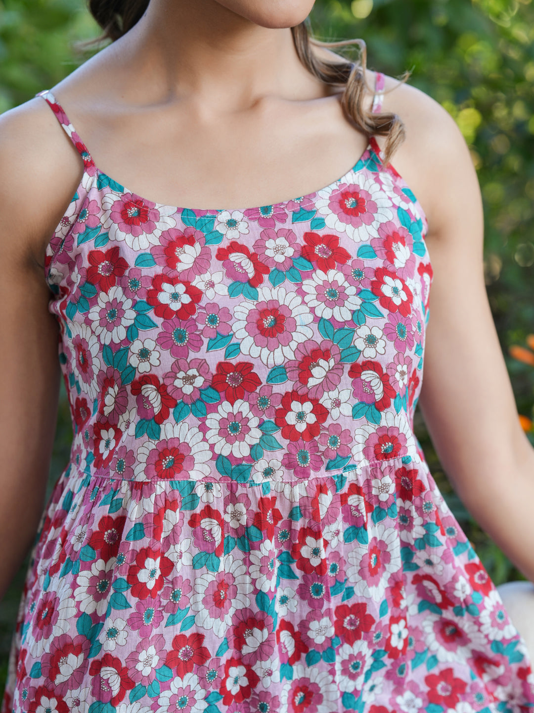 Pink Pure Cotton Floral Printed Tiered Tunic