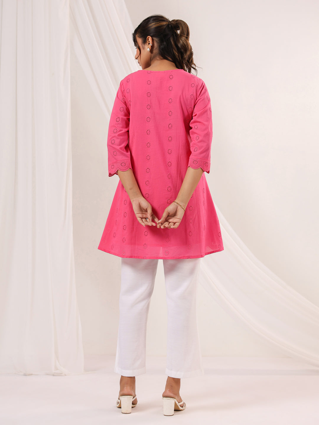 Janasya Women's Pink Pure Cotton Schiffli A-line Tunic