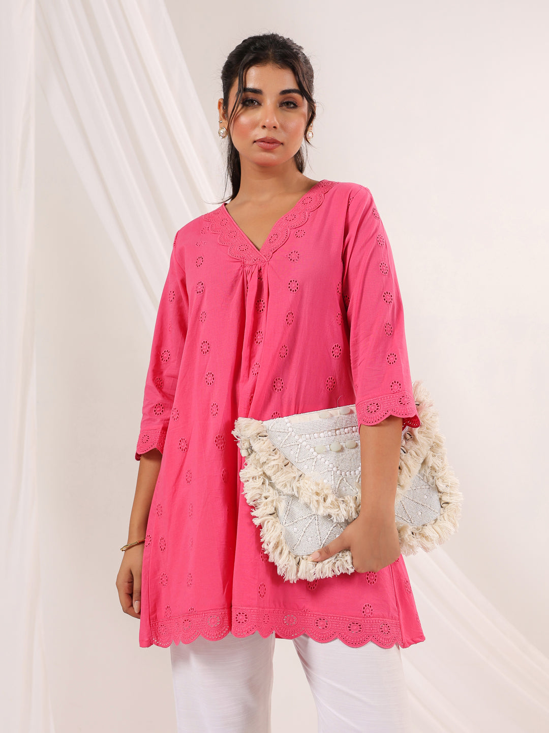 Janasya Women's Pink Pure Cotton Schiffli A-line Tunic