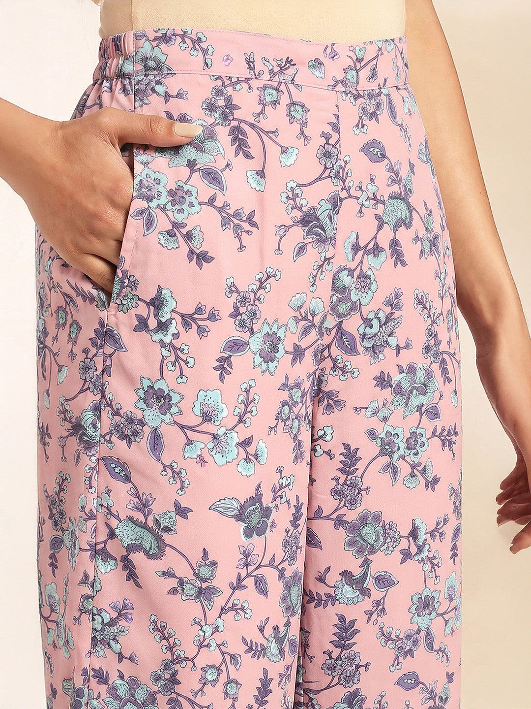 Janasya Women's Baby Pink Georgette Floral Printed A-Line Co-Ord Set