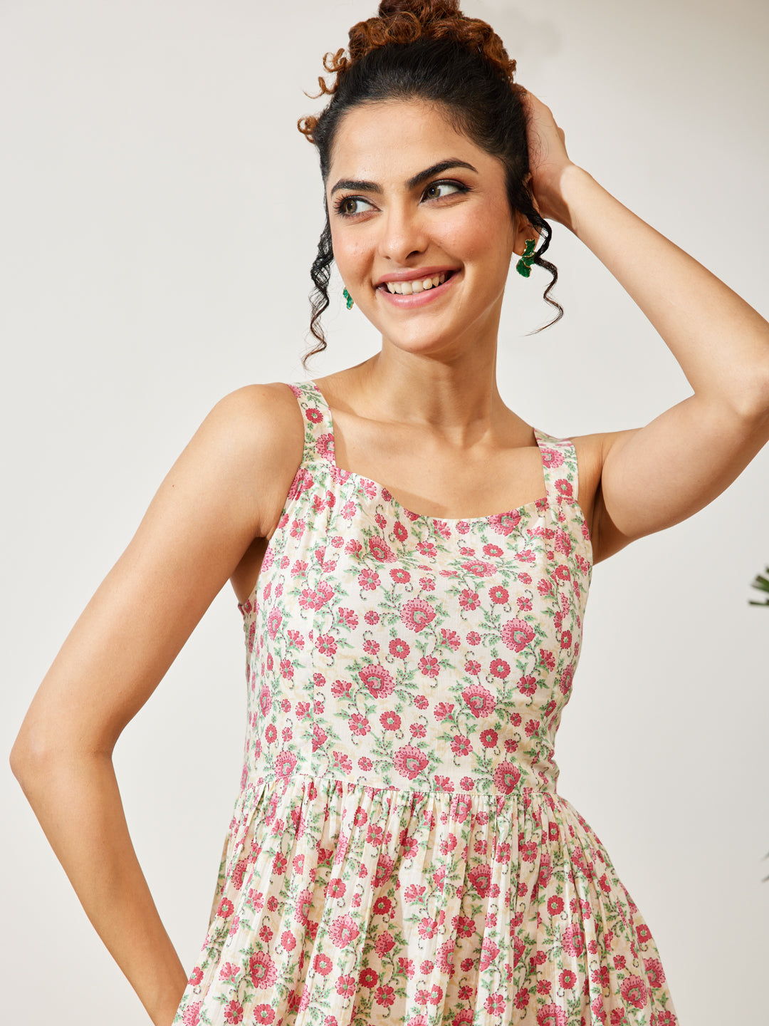 Janasya Women's Off White Pure Cotton Floral Printed A-line Dress