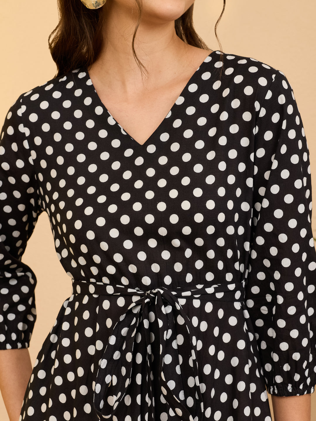 Janasya Women's Black Pure Cotton Polka Dot Printed Fit & Flare Dress