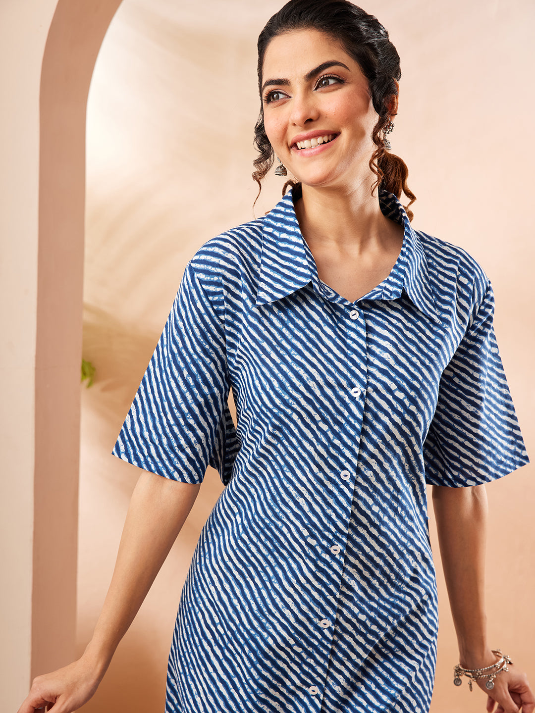 Janasya Women's Blue Pure Cotton Leheriya Printed A-line Dress