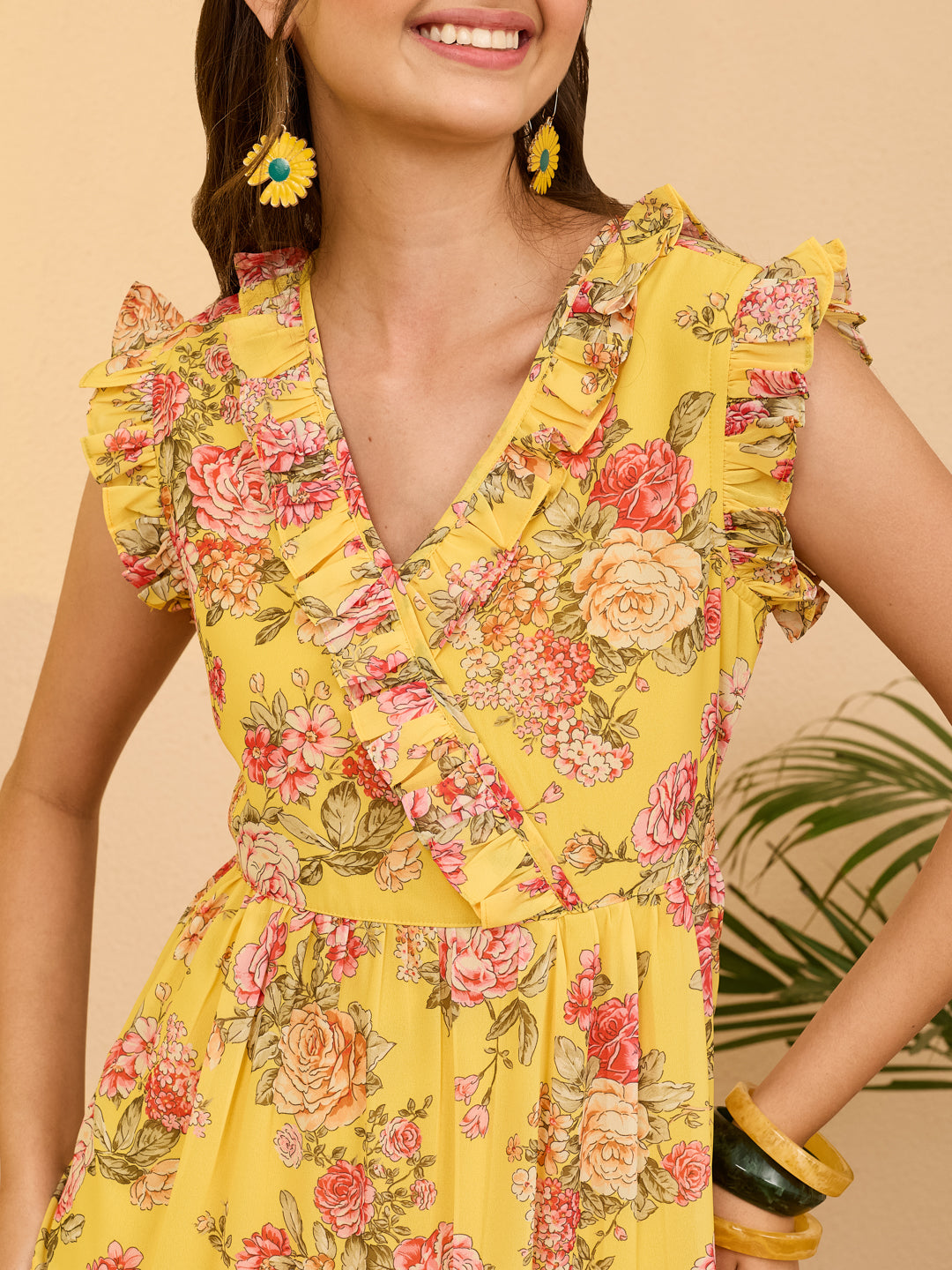 Janasya Women's Yellow Georgette Floral Printed Tiered Dress
