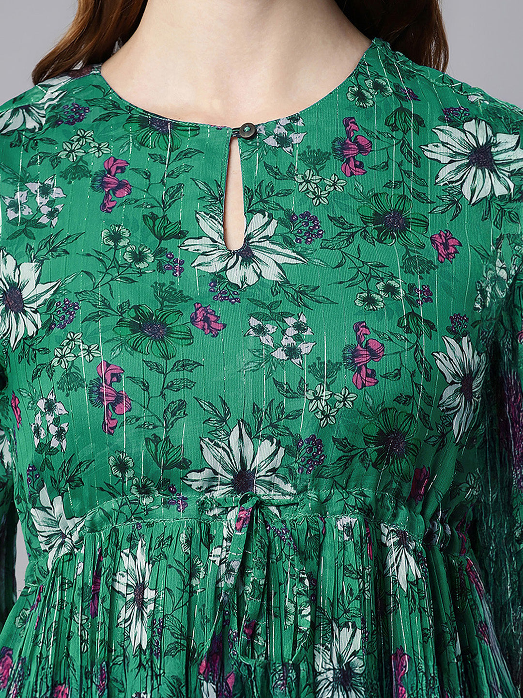 Janasya Women's Green Chiffon Lurex Floral Printed Fit & Flare Dress