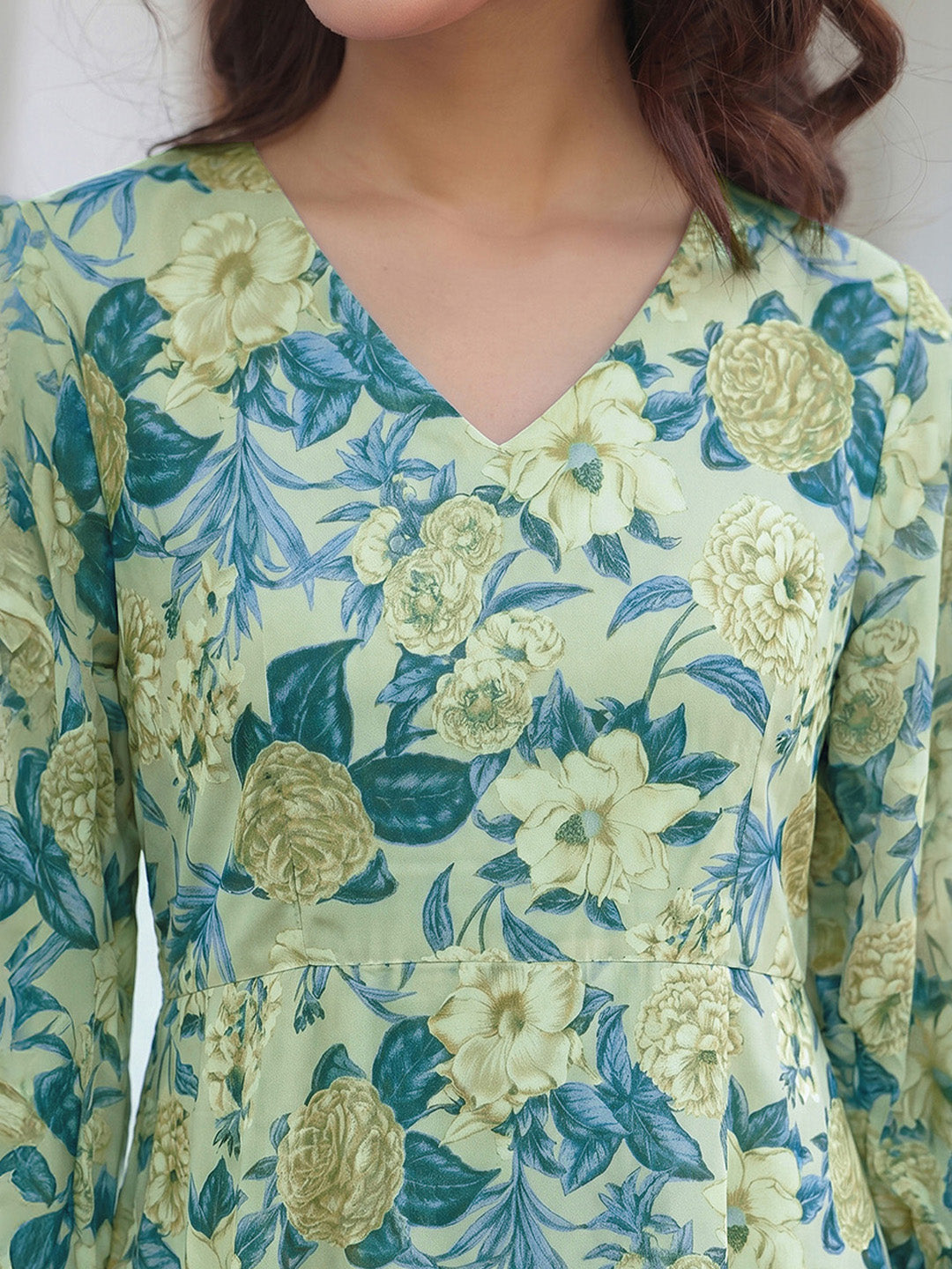 Janasya Women's Light Green Georgette Floral Printed A-Line Dress