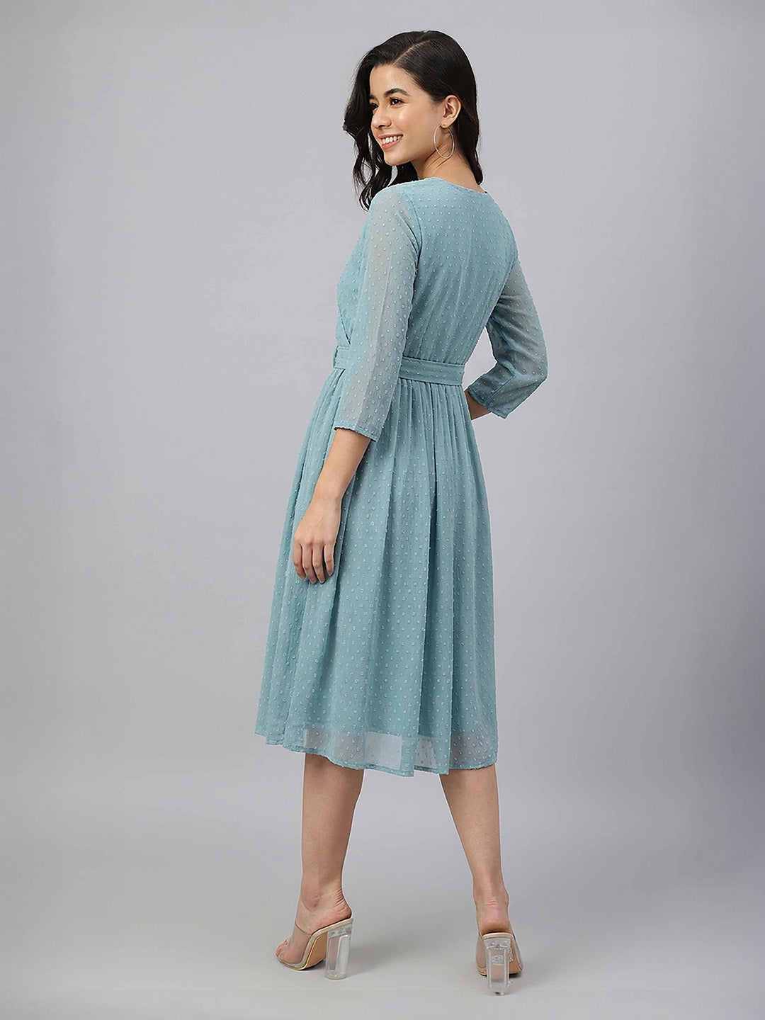 Janasya Women's Aqua Green Dobby Chiffon Solid Fit & Flare Dress