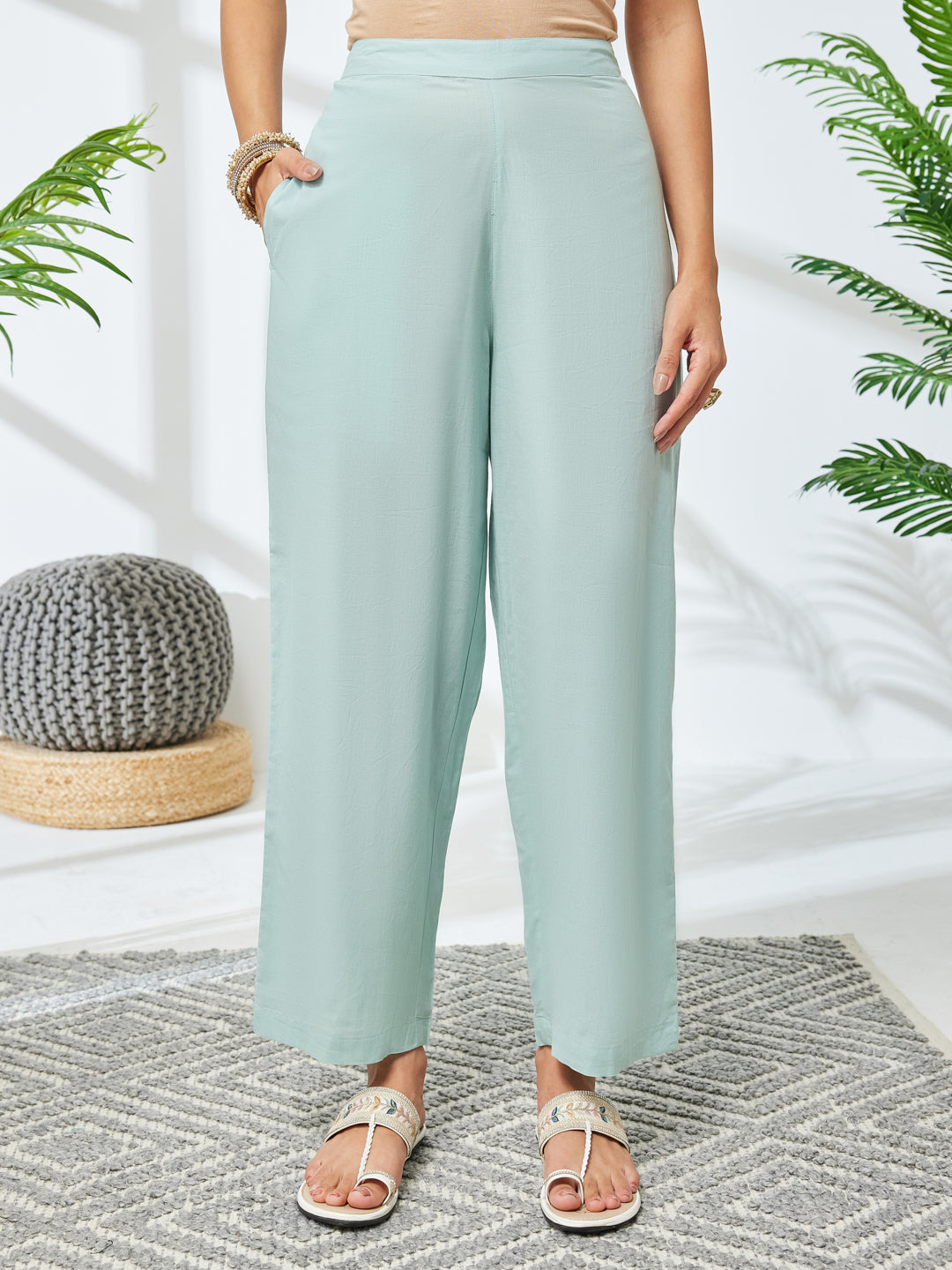 Janasya Women's Sea Green Pure Cotton Embroidered Straight Kurta with Pant Set