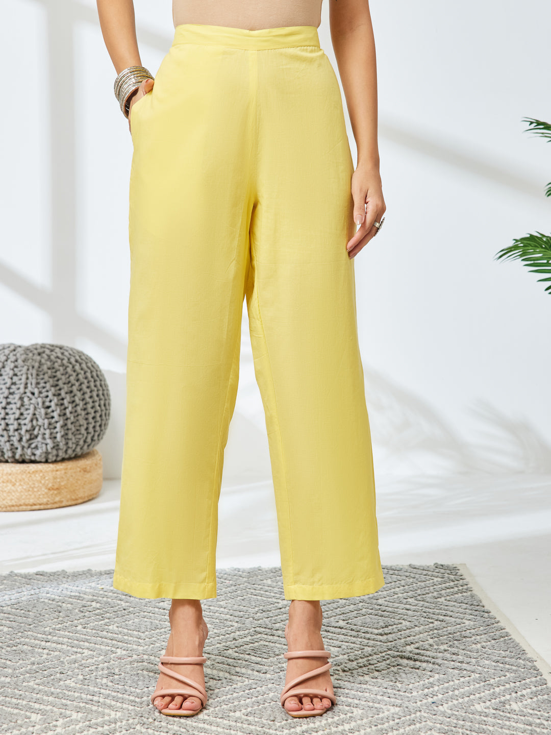 Janasya Women's Yellow Pure Cotton Embroidered Straight Kurta With Pant Set