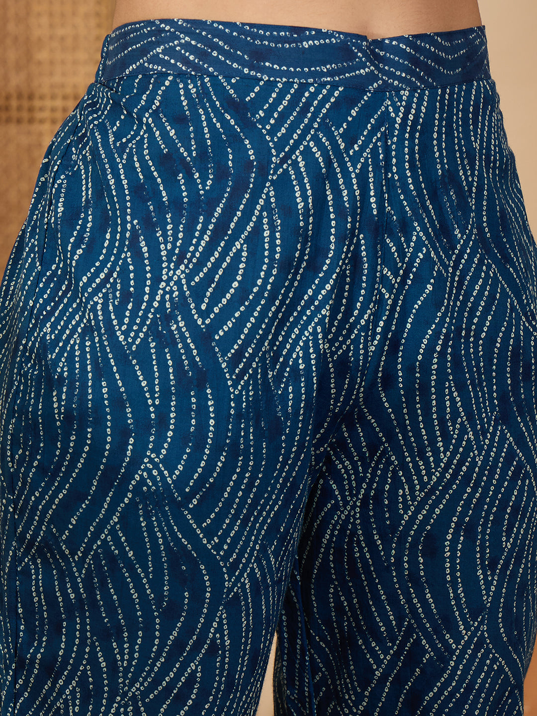 Janasya Women's Indigo Pure Cotton Bandhani Printed A-Line Kurta with Pant Set