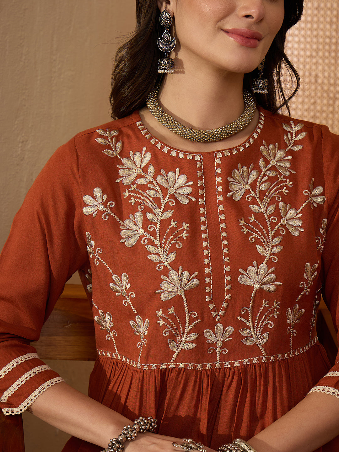 Janasya Women's Rust Rayon Embroidered Straight Kurta