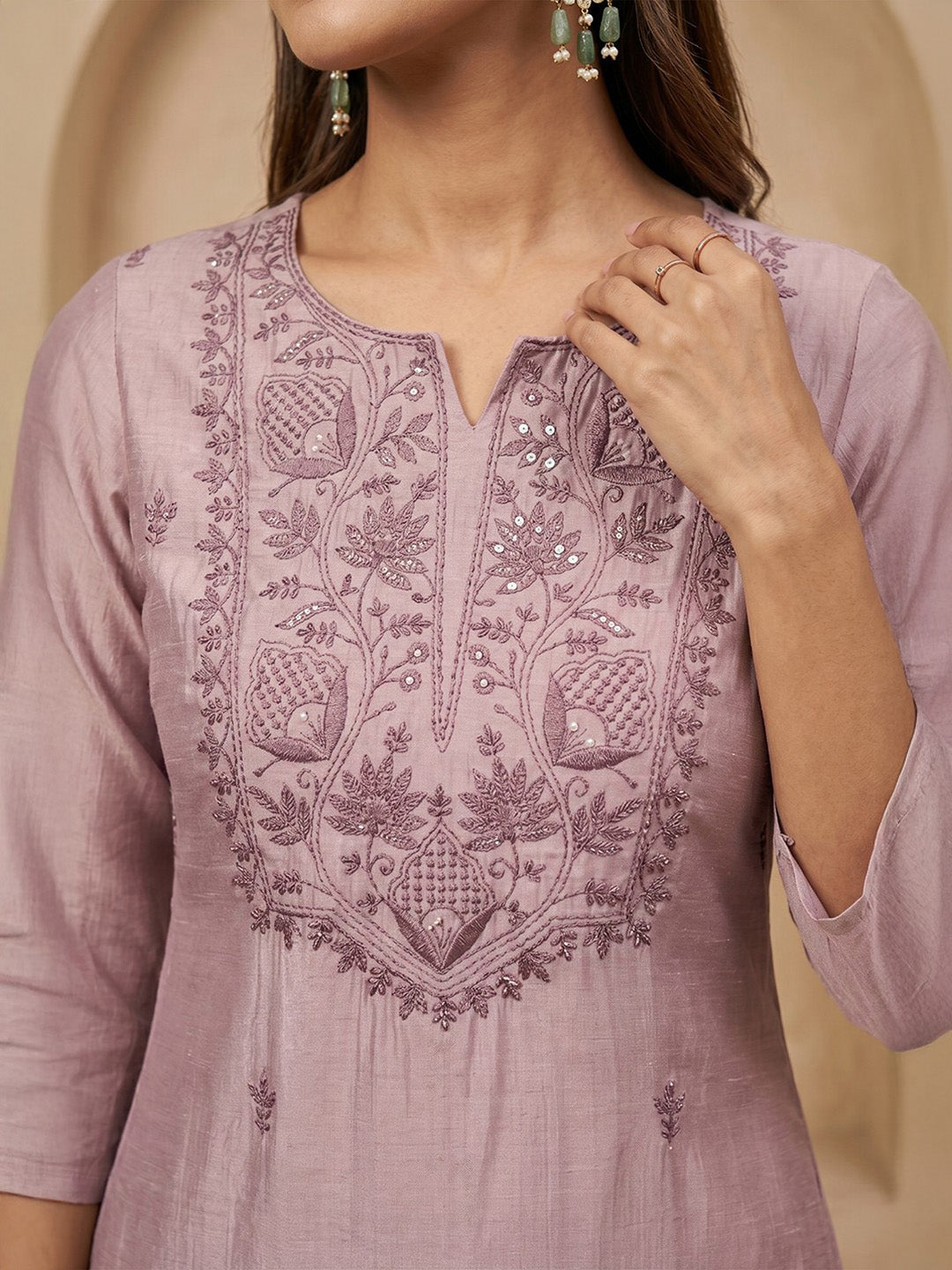 Janasya Women's Lavender Silk Blend Yoke Embroidered Straight Kurta