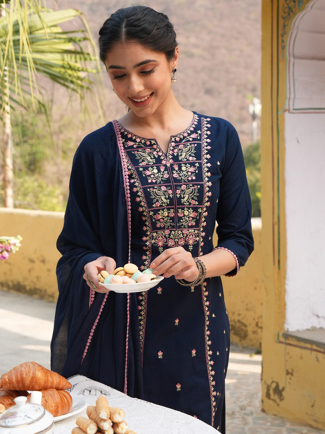 Janasya Women's Navy Blue Linen Cotton Embroidered Straight Kurta Set