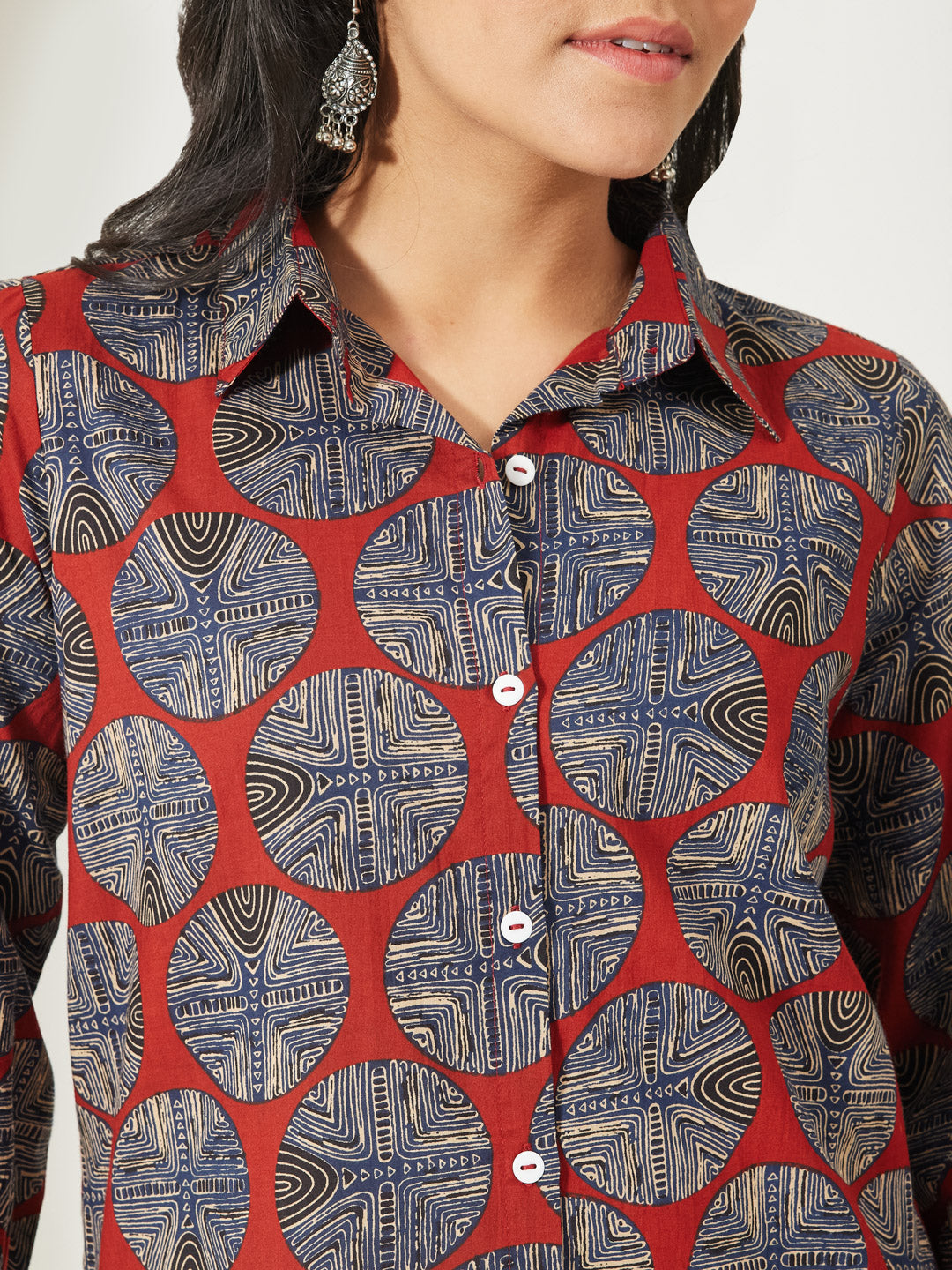 Janasya Women's Rust Pure Cotton Geometric Printed Shirt Style Top