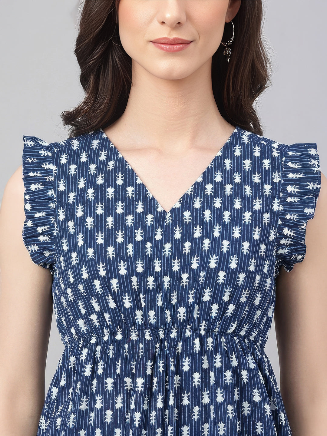 Janasya Women's Indigo Pure Cotton Ethnic Motifs Printed Fit & Flare Top