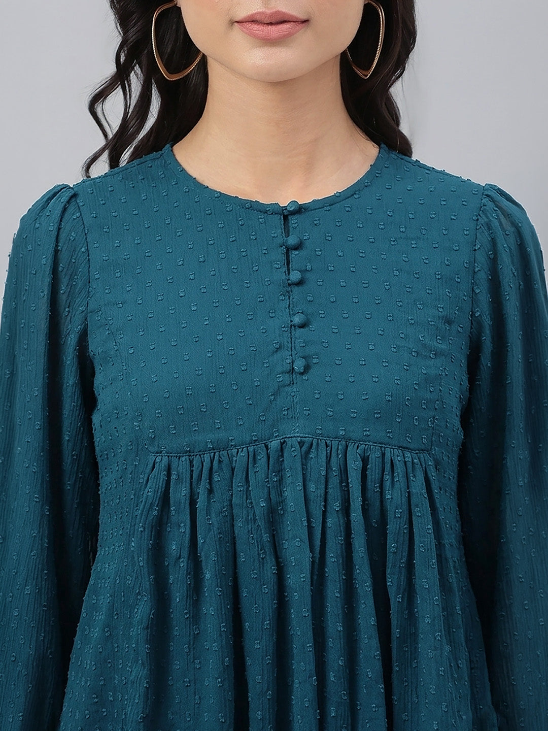 Janasya Women's Teal Blue Dobby Chiffon Solid Gathered Top