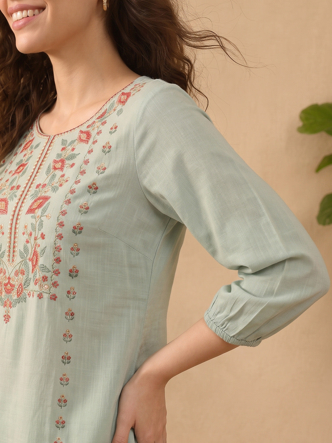 Janasya Women's Mint Green Rayon Embroidered Straight Tunic