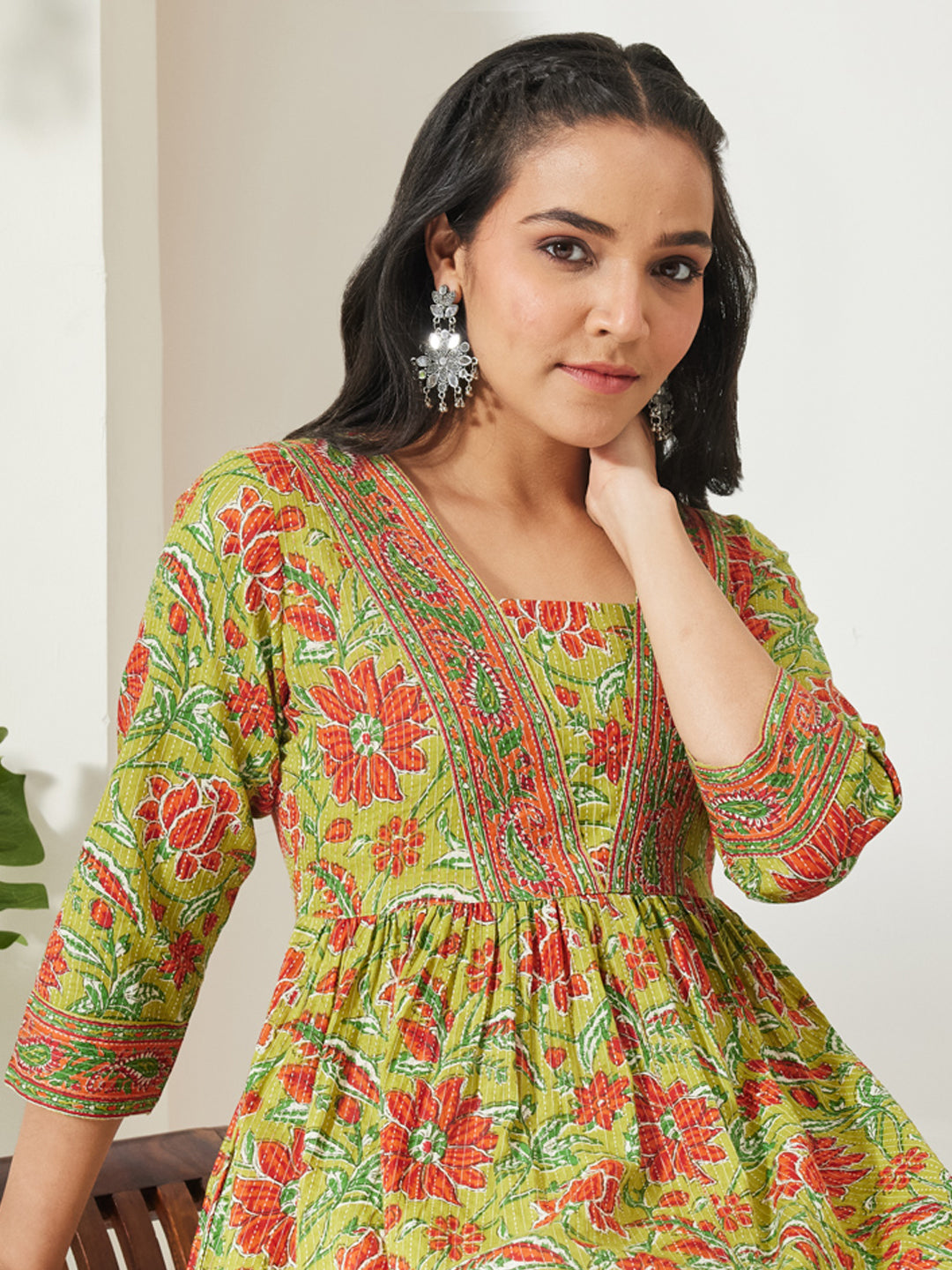 Janasya Women's Lime Green Pure Cotton Floral Printed A-Line Tunic