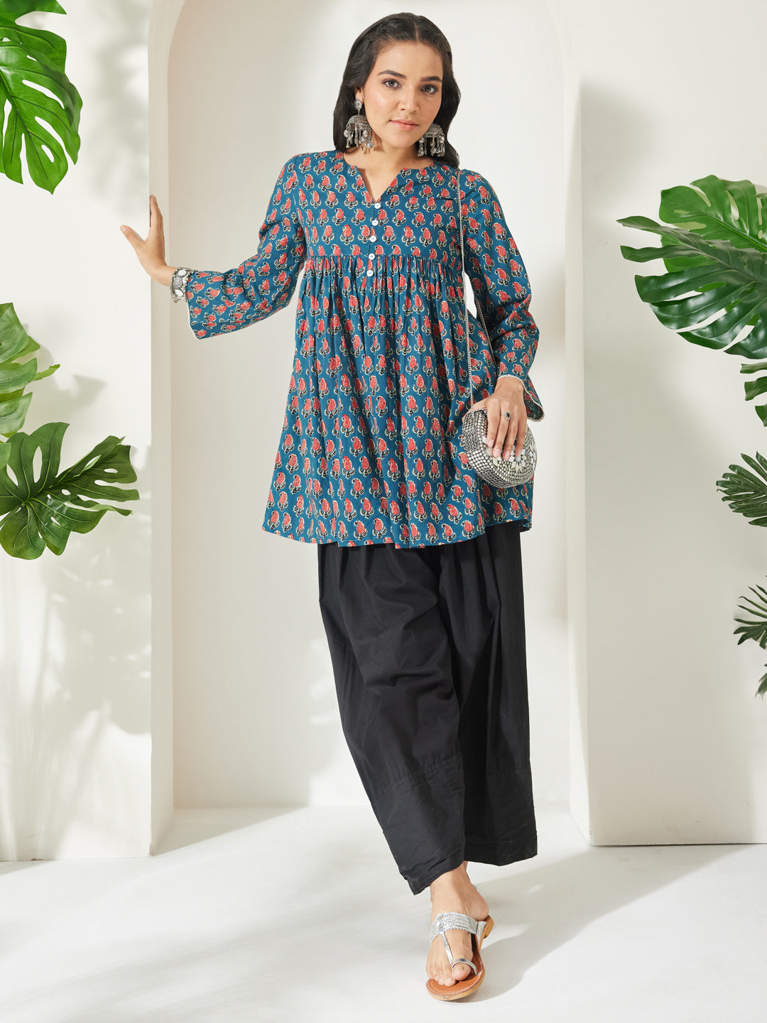 Janasya Women's Teal Blue Pure Cotton Paisley Printed A-Line Tunic