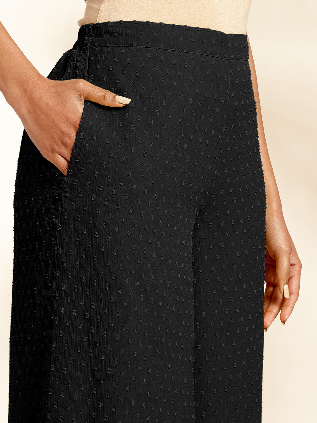 Black Chiffon Woven Design Gathered Co-Ord Set