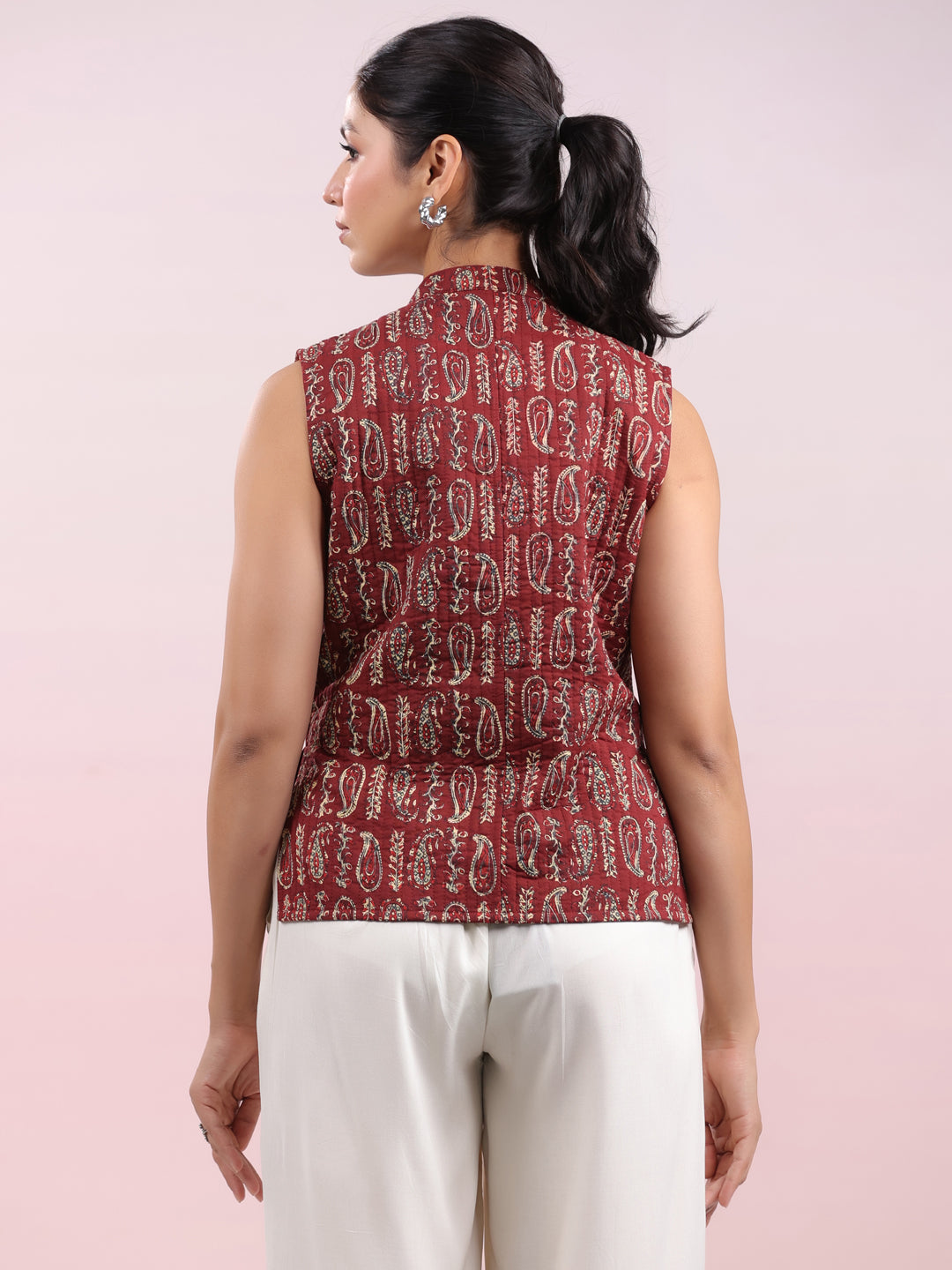 Maroon Pure Cotton Paisley Printed Quilted Regular Vest Jacket