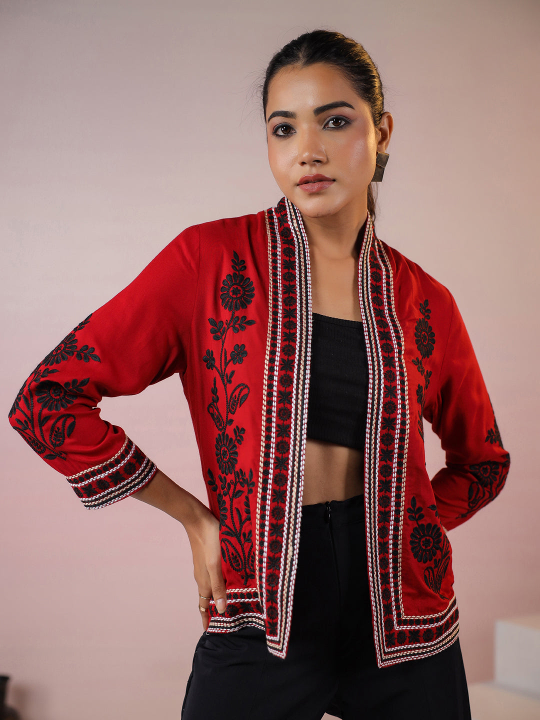 Maroon Rayon Floral Embroidered Jacket