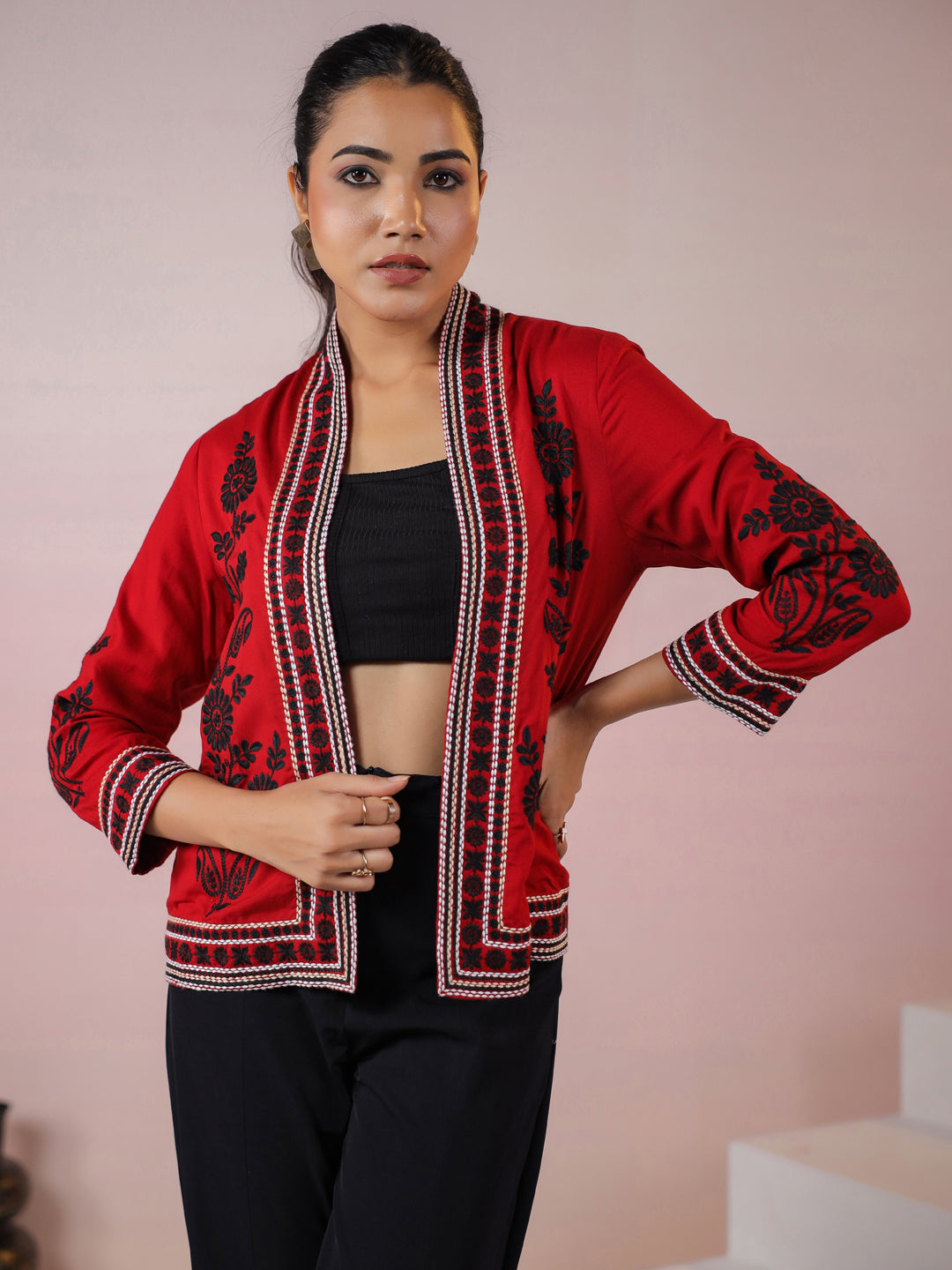 Maroon Rayon Floral Embroidered Jacket