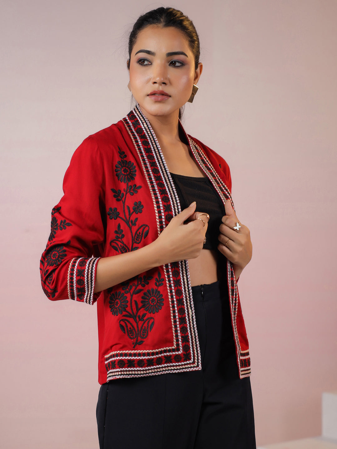 Maroon Rayon Floral Embroidered Jacket