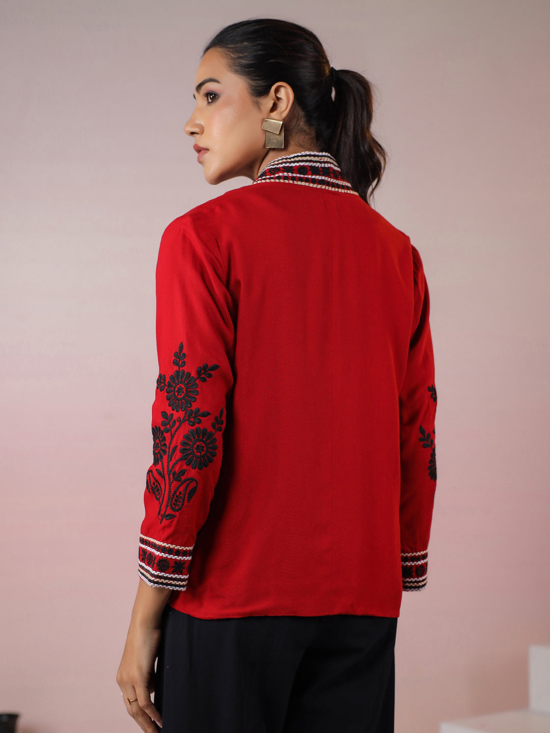Maroon Rayon Floral Embroidered Jacket