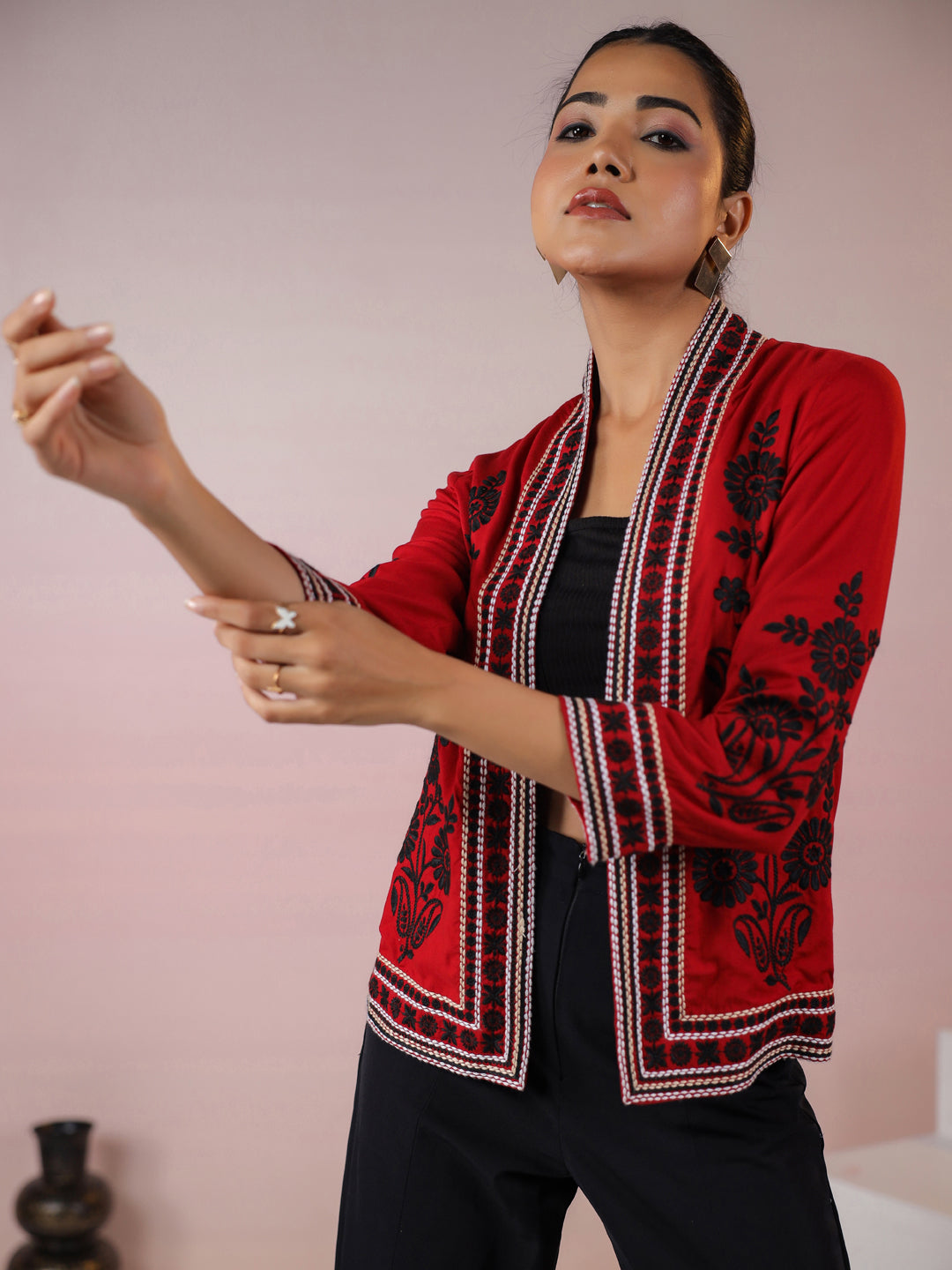 Maroon Rayon Floral Embroidered Jacket