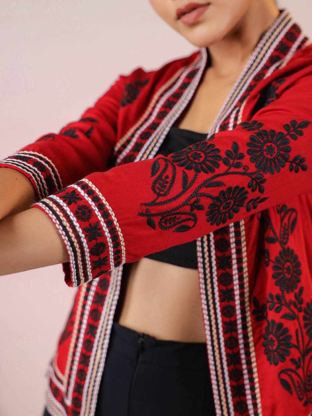 Maroon Rayon Floral Embroidered Jacket