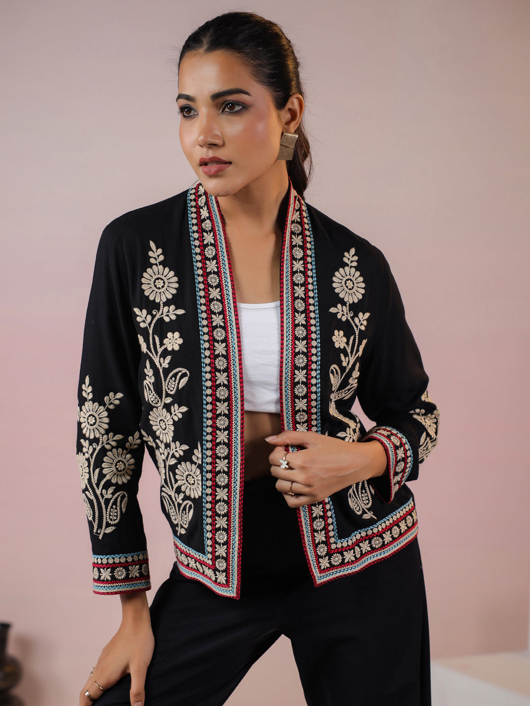 Black Rayon Floral Embroidered Jacket