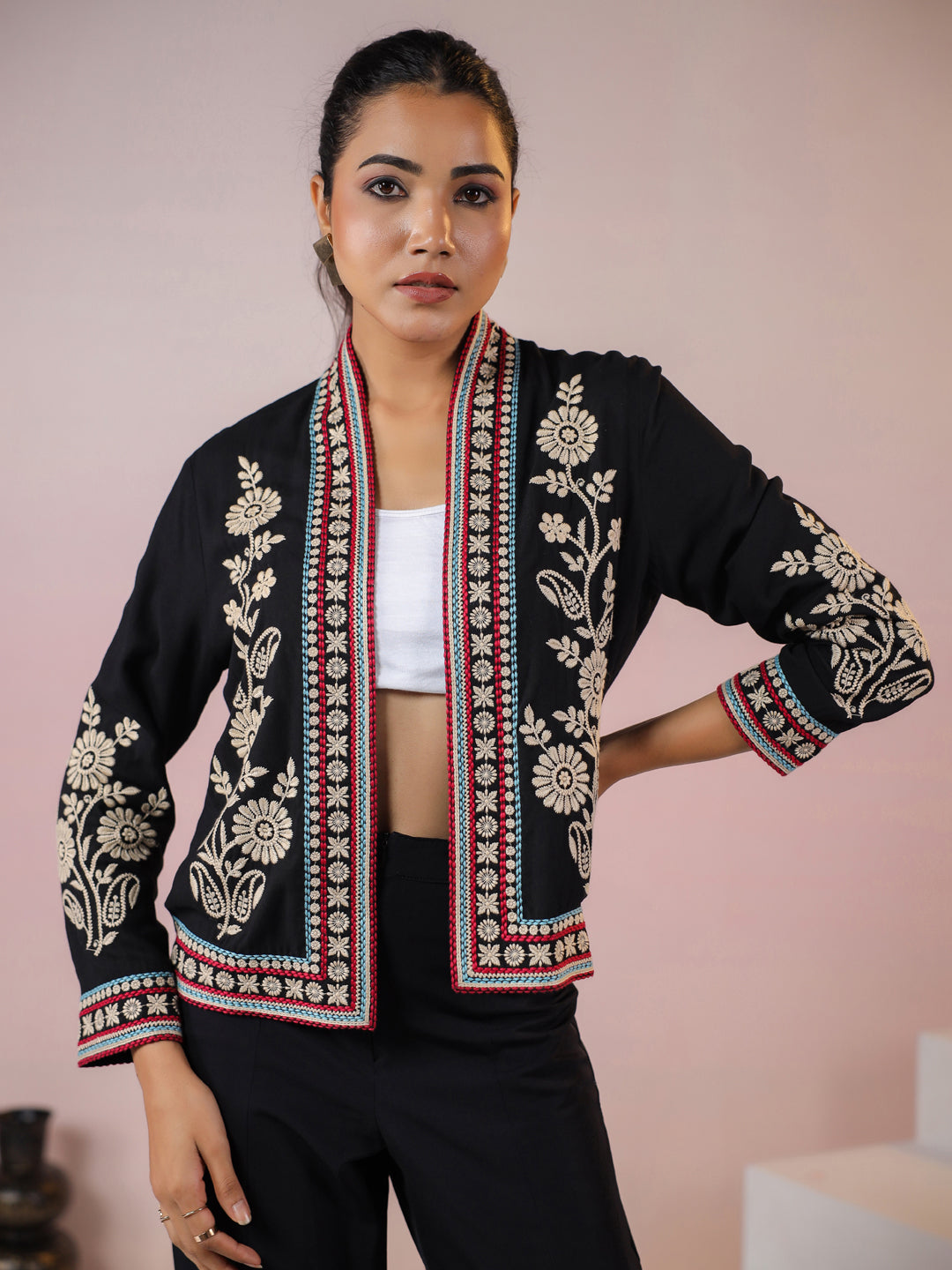Black Rayon Floral Embroidered Jacket