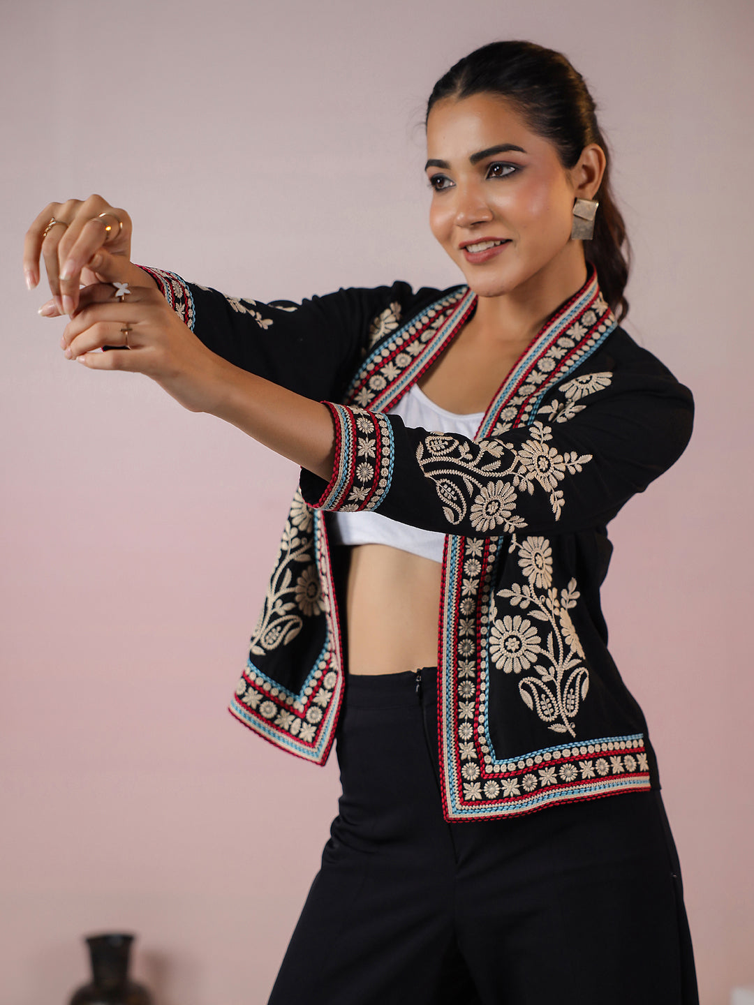 Black Rayon Floral Embroidered Jacket